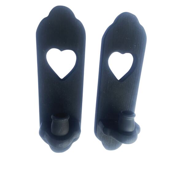 Vtg Black Country Wooden Wall Sconces w/ Heart Cutouts Candle Holder Farmhouse - Picture 4 of 5